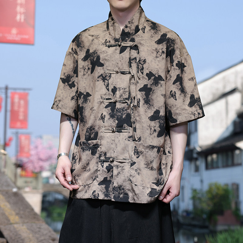 新中式L盘扣短袖衬衫男改良汉服唐装蝴蝶印花外套CS56-P65控88图片