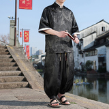 风B盘扣暗花龙纹冰丝中山装衬衫萝卜裤套装男TZ160-P120控148，男装衬衫，电商A005