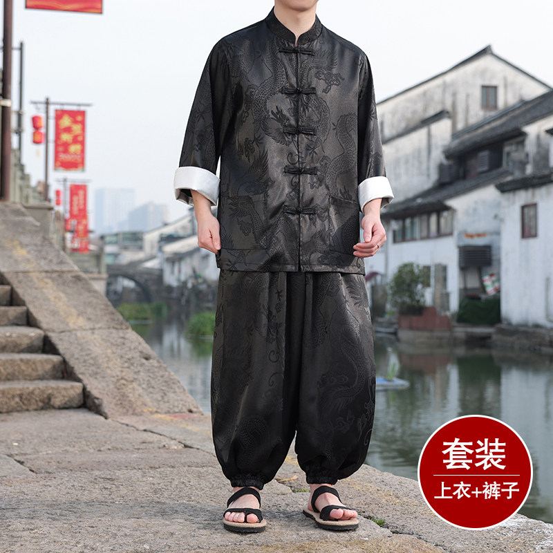 风C盘扣暗花龙纹冰丝衬衫萝卜裤套装男TZ159-P120控148,男装衬衫,电商A005