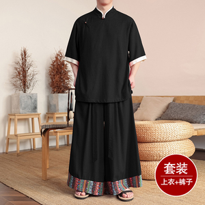 斜襟盘扣K亚麻中袖衬衫民族风复古裙裤阔腿裤套装TZ165-P176控198图片