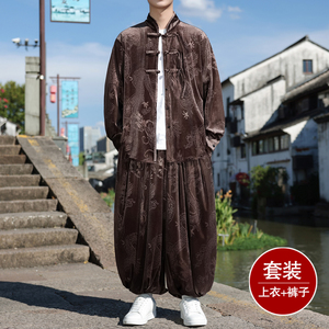 盘扣小众设计D龙纹暗花金丝绒衬衫夹克束脚裤套装TZ178-P136控158图片