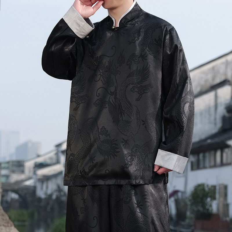 新中式风D盘扣龙纹冰丝中山装衬衫夹克外套男JK25-P65控78,男装夹克,电商A005