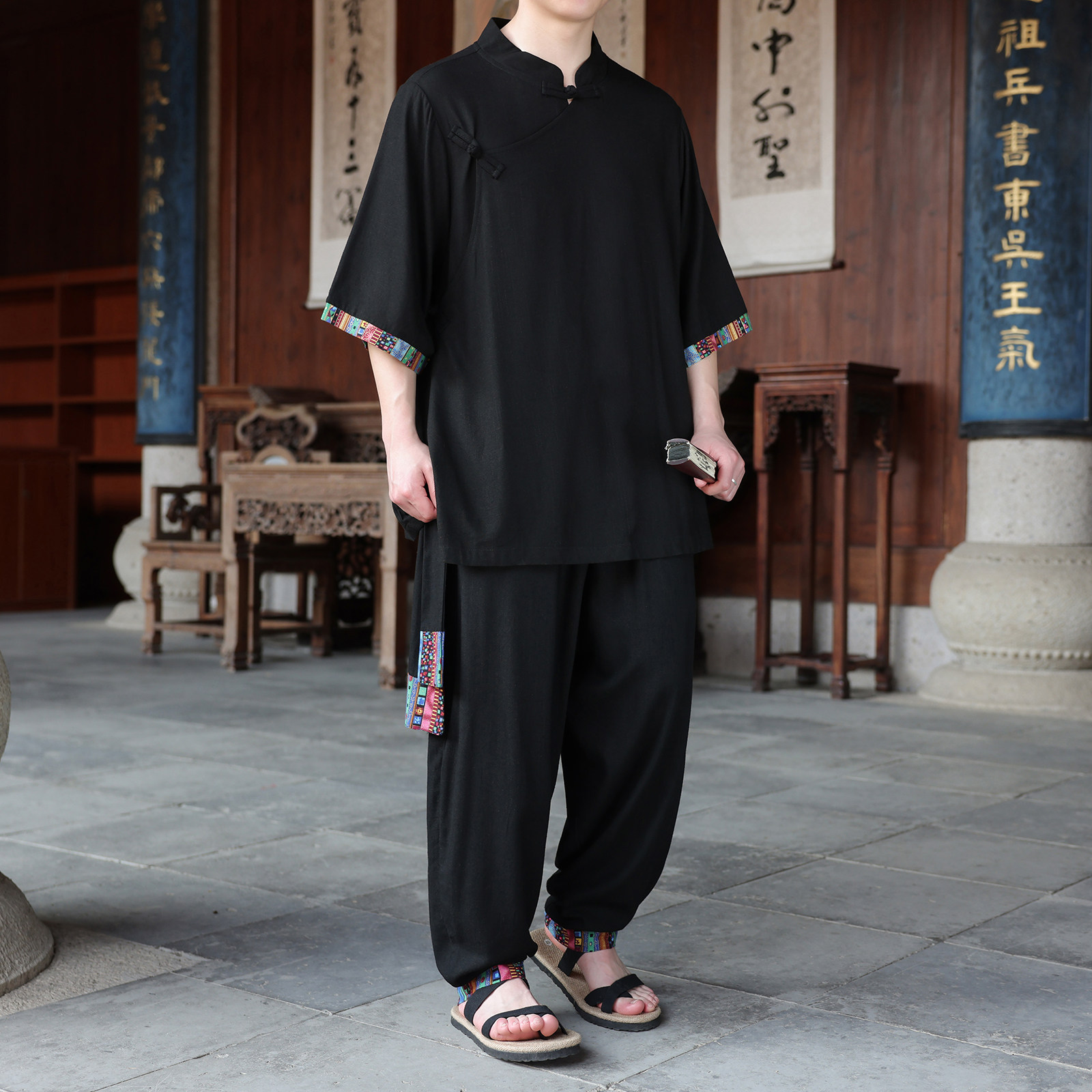 男生新中式套装亚麻斜襟拼接衬衫裤子两件套中国风运动休闲唐装潮,男装休闲套装,电商A005