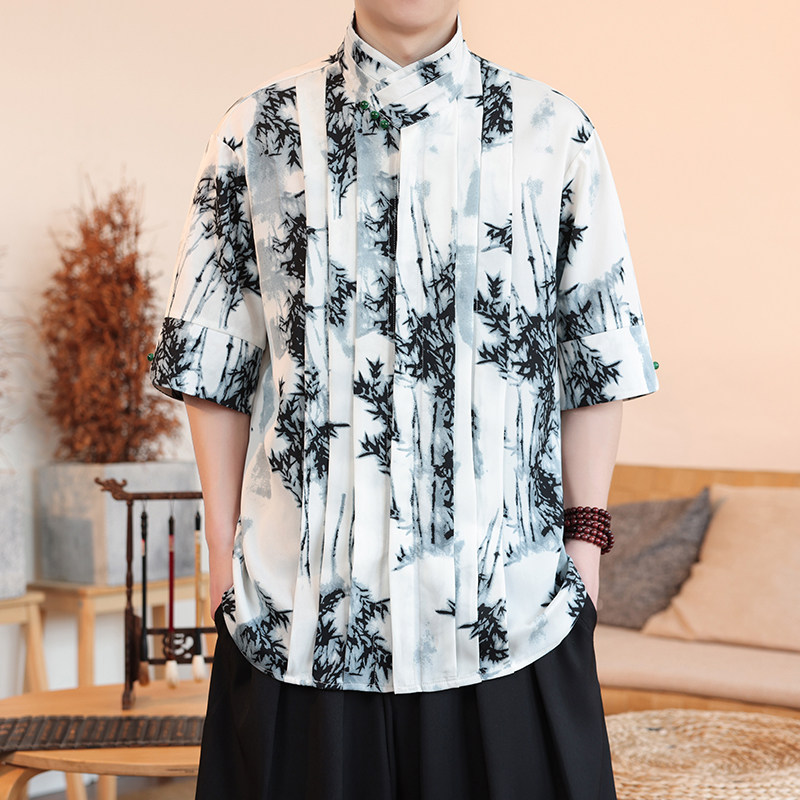新中式B风树叶冰丝复古珍珠扣立领小众中袖衬衫男CS67-P70控98图片