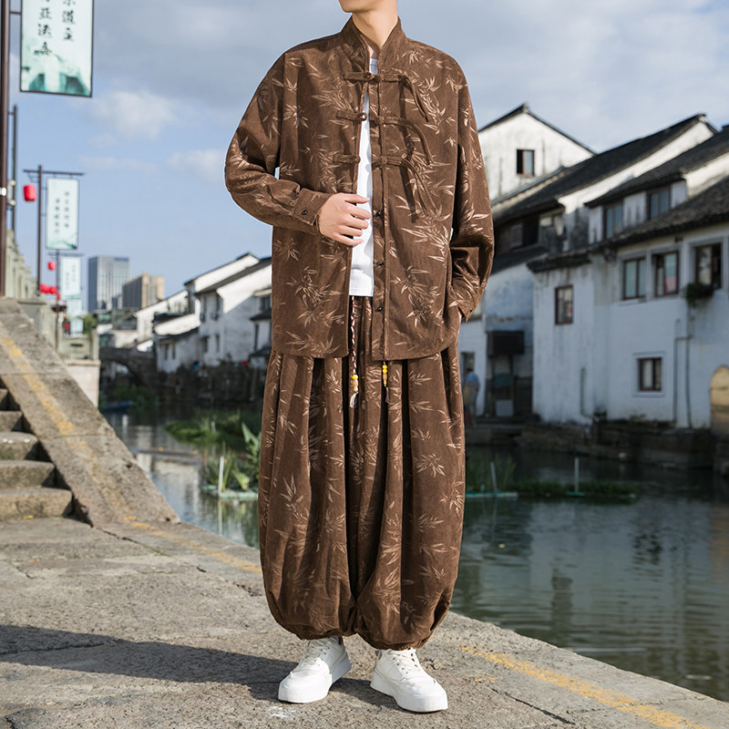 新中式风A树叶灯芯绒夹克衬衫束脚裤套装男TZ39-P136控158,男装T恤,电商A005