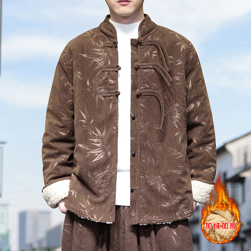 新中式R盘扣树叶暗花灯芯绒羊羔毛夹克棉衣外套男JK17-P135控158,男装夹克,电商A005