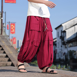 风O亚麻棉麻冰感折褶小众设计宽松阔腿裤男K229-P78控98,男装休闲裤,电商A005