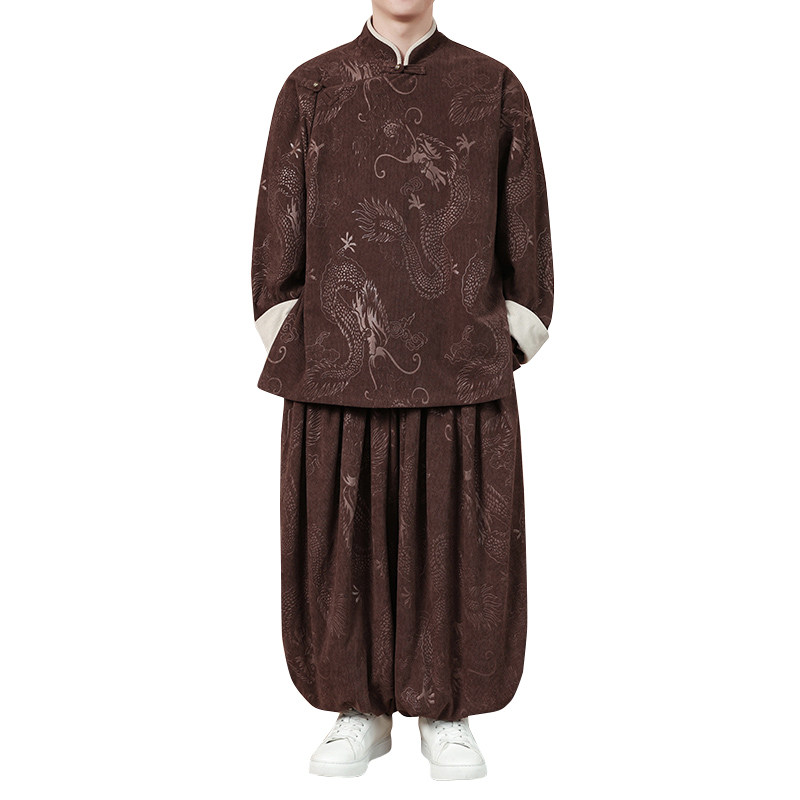 新中式U龙纹灯芯绒中山装夹克外套束脚裤套装男TZ132-P173控198,男装夹克,电商A005