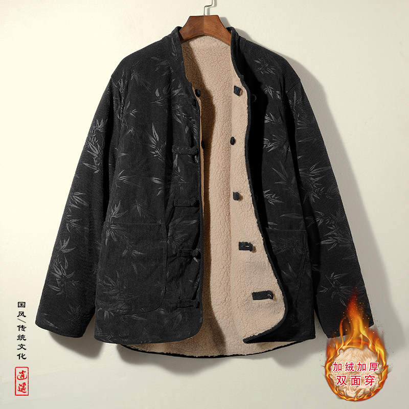 新中式L树叶灯芯绒羊羔毛加绒加厚双面穿棉服夹克JK15-P135控158,男装夹克,电商A005
