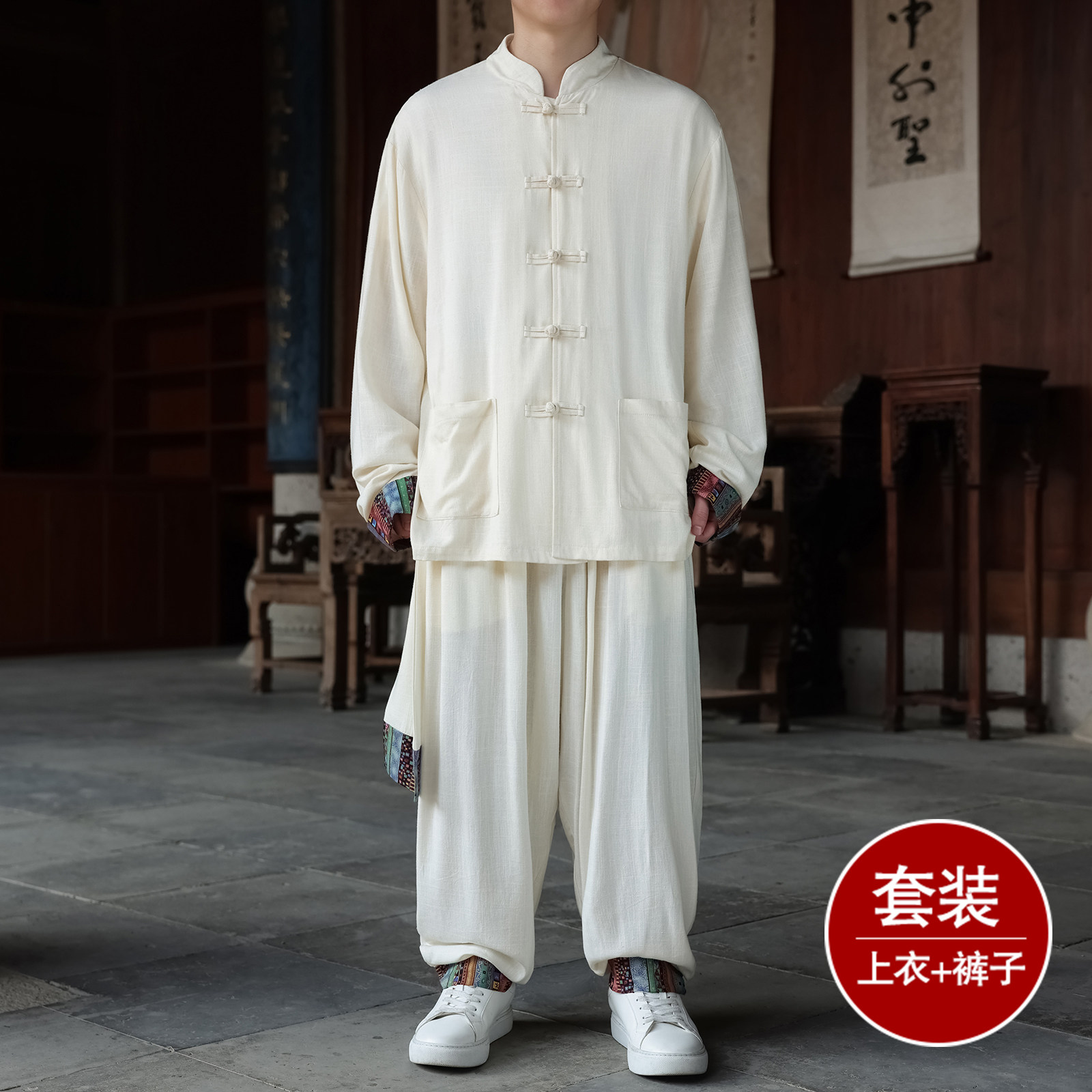 风S盘扣亚麻棉麻衬衫夹克外套大裤裆套装男TZ136-P150控178,男装夹克,电商A005