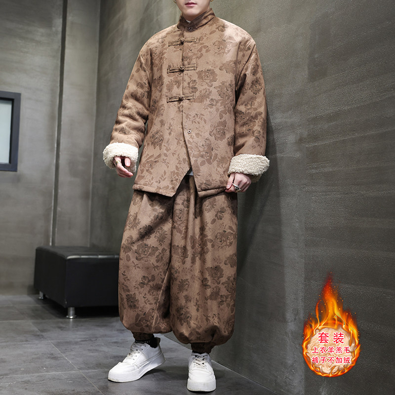 新中式F风盘扣暗花灯芯绒羊羔毛棉衣服套装男TZ51-P203控238，男装T恤，电商A005