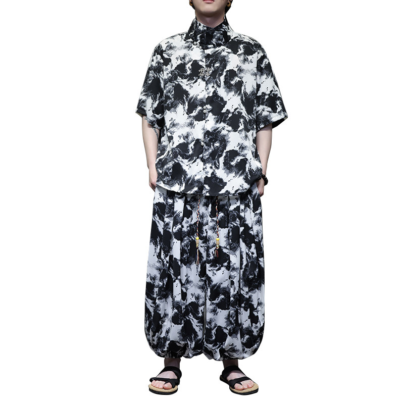 新中式E水墨扎染冰丝金属扣花衬衫男灯笼裤套装TZ71-P143控168,男装衬衫,电商A005