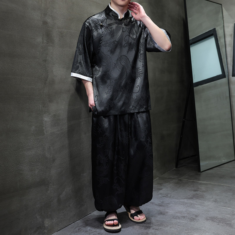 风C盘扣暗花龙纹冰丝中山装衬衫萝卜裤套装男TZ160-P120控148,男装衬衫,电商A005
