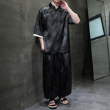 风D盘扣暗花龙纹冰丝中山装衬衫萝卜裤套装男TZ160-P120控148，男装衬衫，电商A005