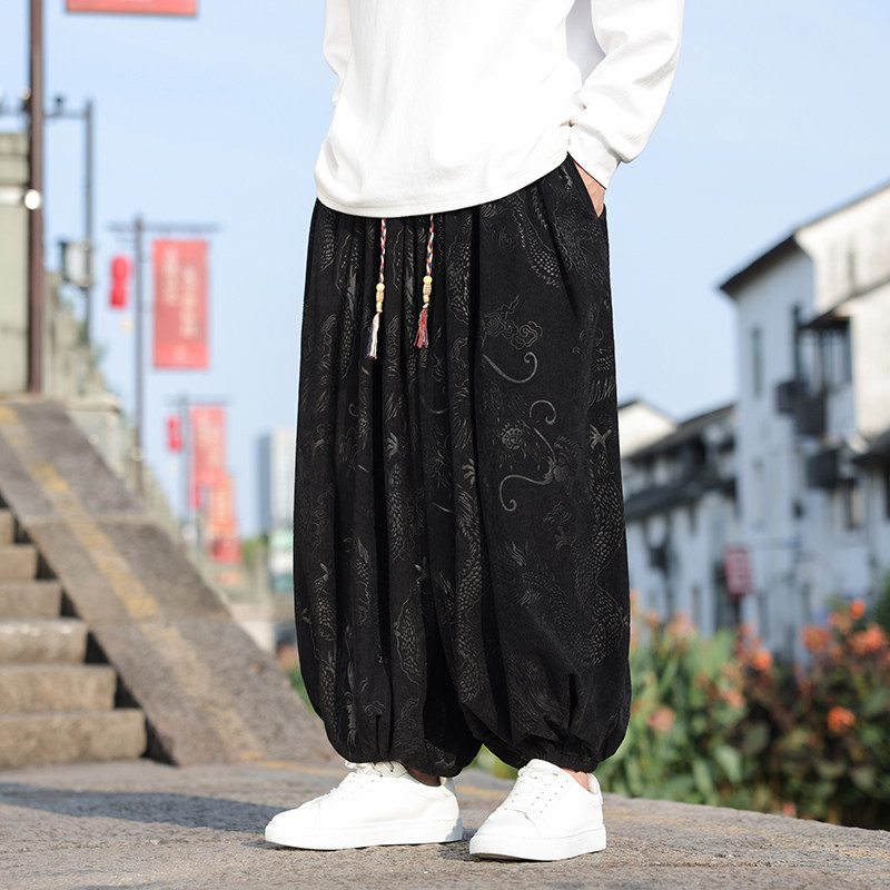 风N龙纹暗纹新中式保暖灯芯绒阔腿束脚裤男K197-P68控88图片