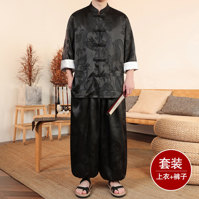 风G盘扣暗花龙纹冰丝衬衫萝卜裤套装男TZ159-P120控148,男装衬衫,电商A005