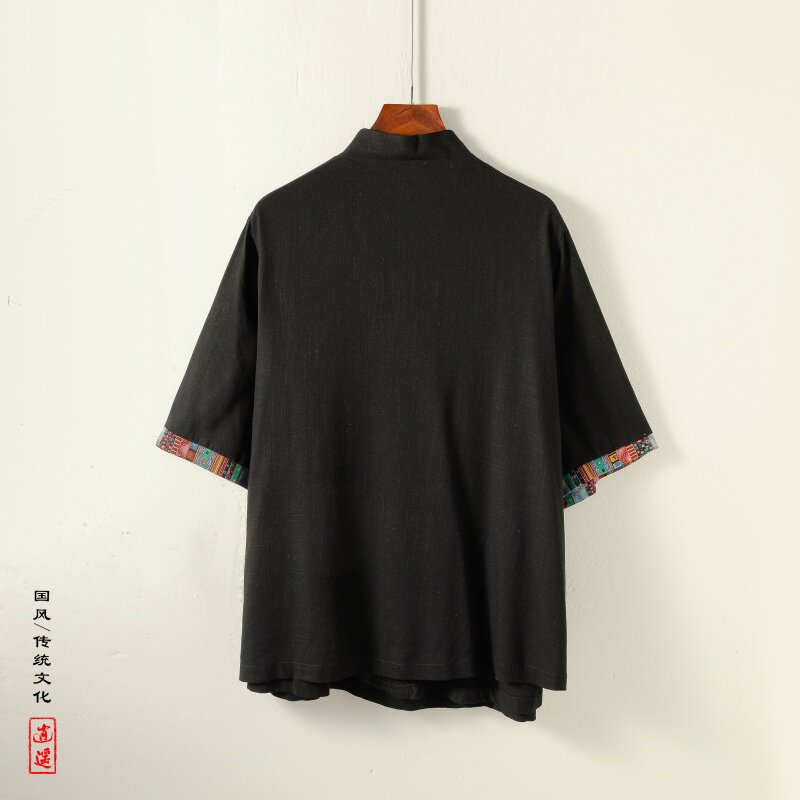 新中式H风斜襟盘扣亚麻拼色中山装中袖衬衫外套CS73-P68控88,男装衬衫,电商A005
