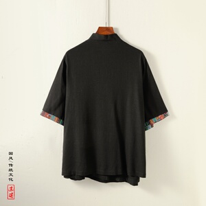 新中式H风斜襟盘扣亚麻拼色中山装中袖衬衫外套CS73-P68控88图片