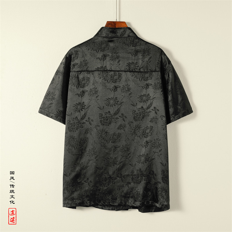 新中式A风斜襟盘扣花卉暗纹冰丝中山装金属扣衬衫CS71-P70控98,男装衬衫,电商A005