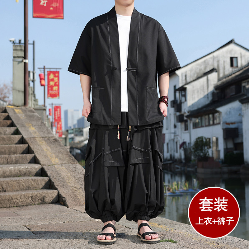 风A冰丝盘扣明线开衫外套折褶阔腿裤男套装男TZ161-P130控158图片