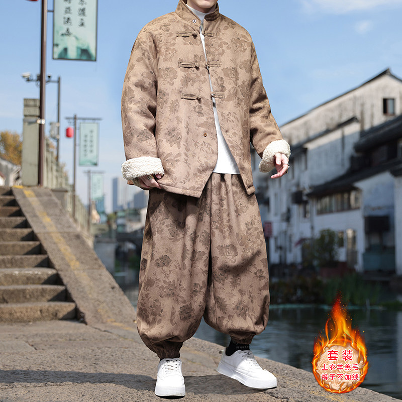 新中式I风盘扣暗花灯芯绒羊羔毛棉衣服套装男TZ51-P203控238，男装T恤，电商A005