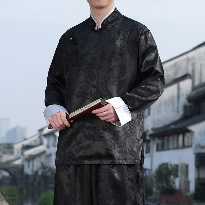 新中式风D盘扣龙纹冰丝中山装衬衫夹克外套男JK25-P65控78,男装夹克,电商A005