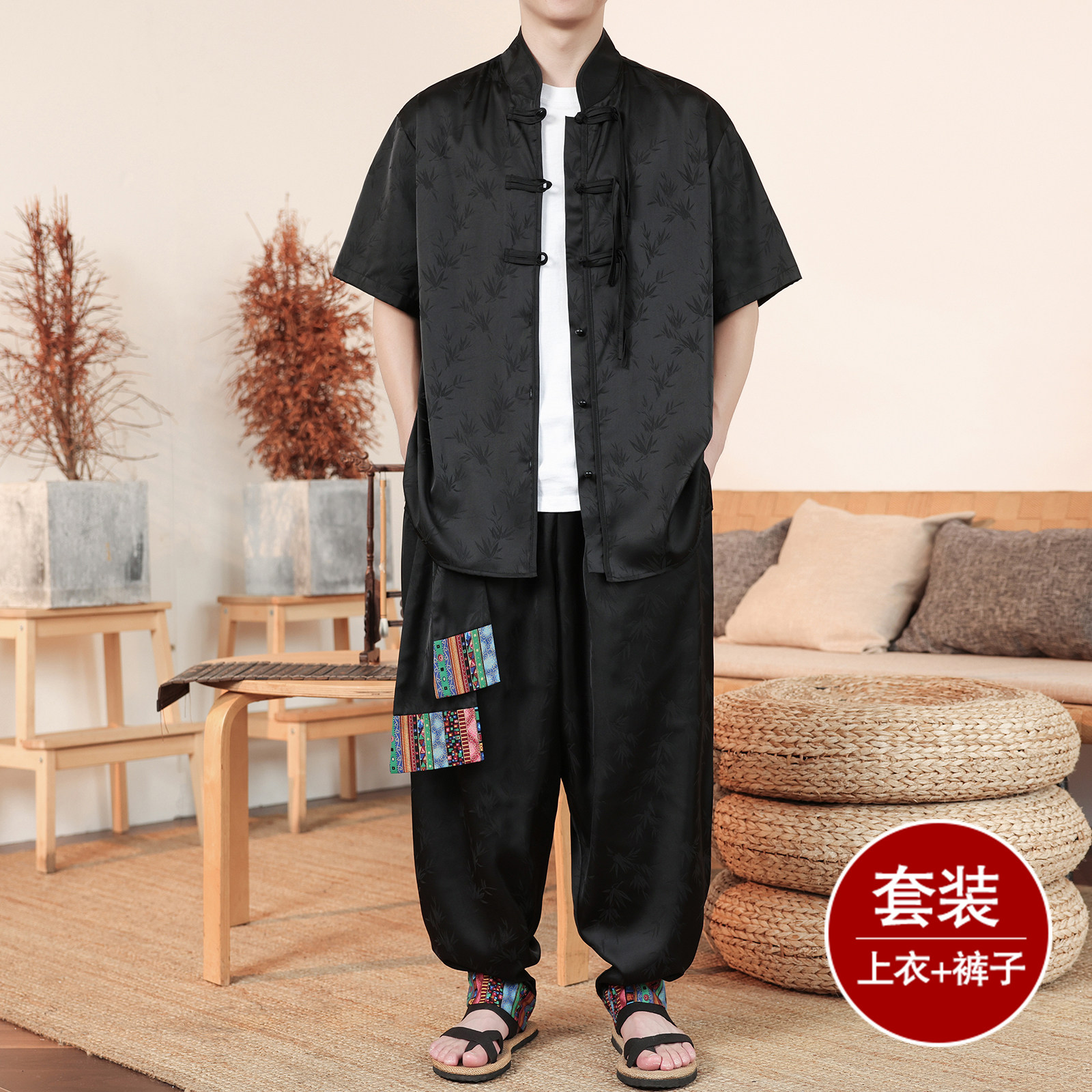 风E树叶暗纹提花冰丝短袖衬衫男飞鼠裤套装男TZ171-P136控158,男装休闲套装,电商A005