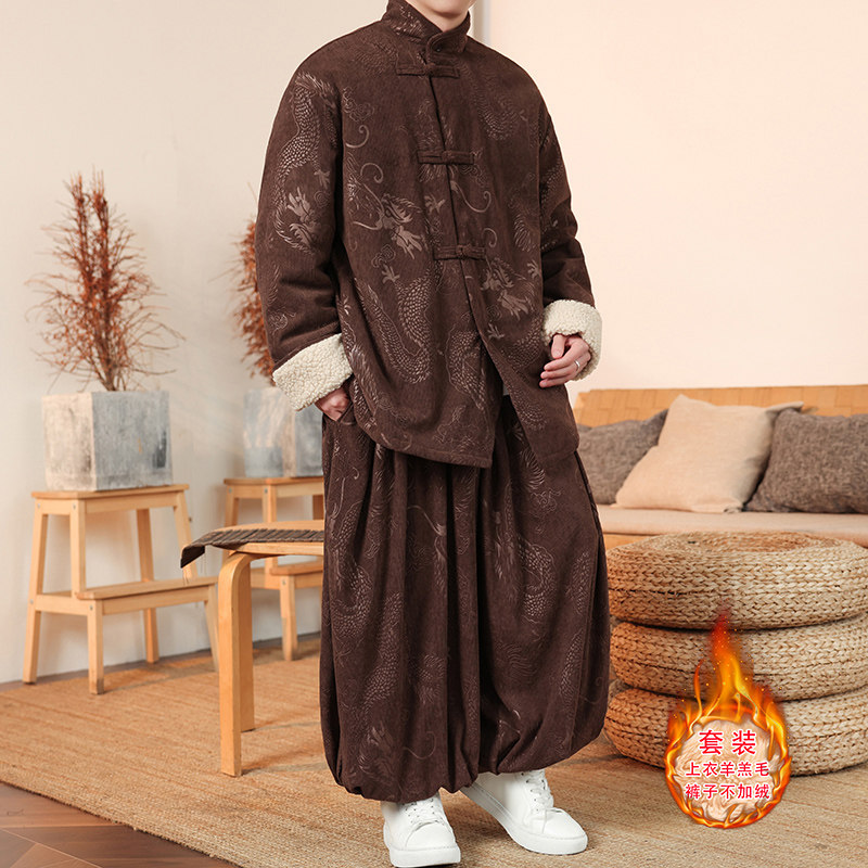 新中式P龙纹灯芯绒羊羔毛夹克棉衣服保暖套装男TZ131-P203控228,男装休闲套装,电商A005