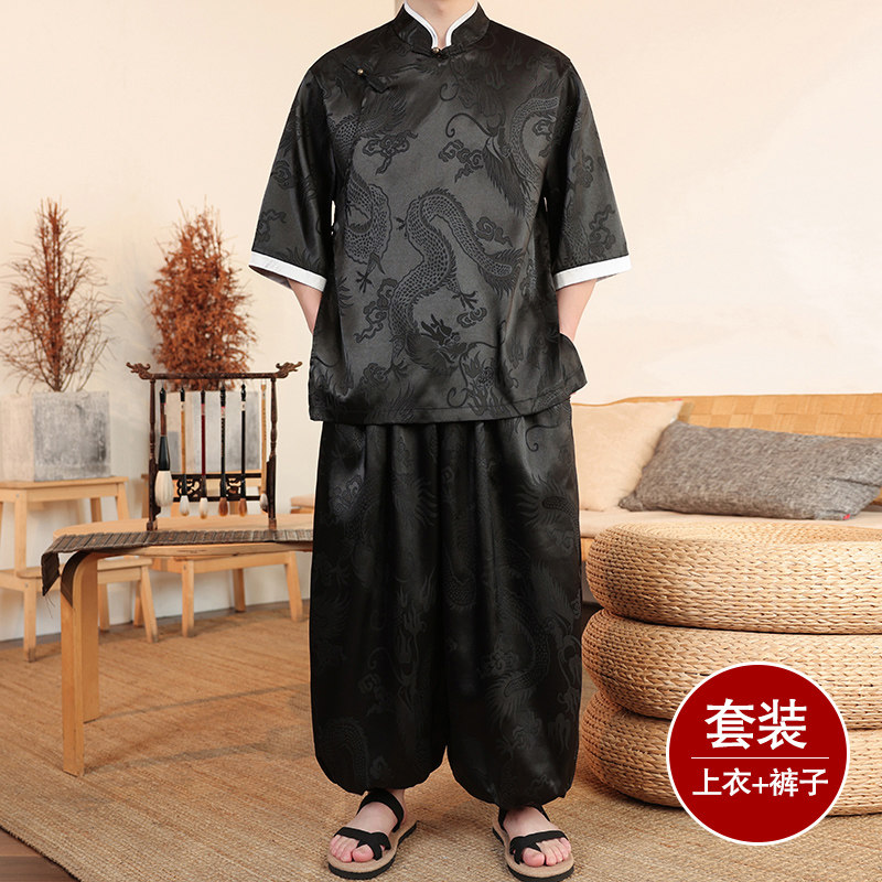 风E盘扣暗花龙纹冰丝中山装衬衫萝卜裤套装男TZ160-P120控148图片