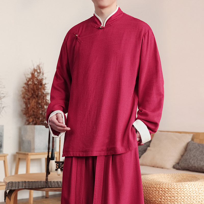 新中式D斜襟盘扣亚麻棉麻中山装立领衬衫夹克外套JK23-P98控118，男装夹克，电商A005