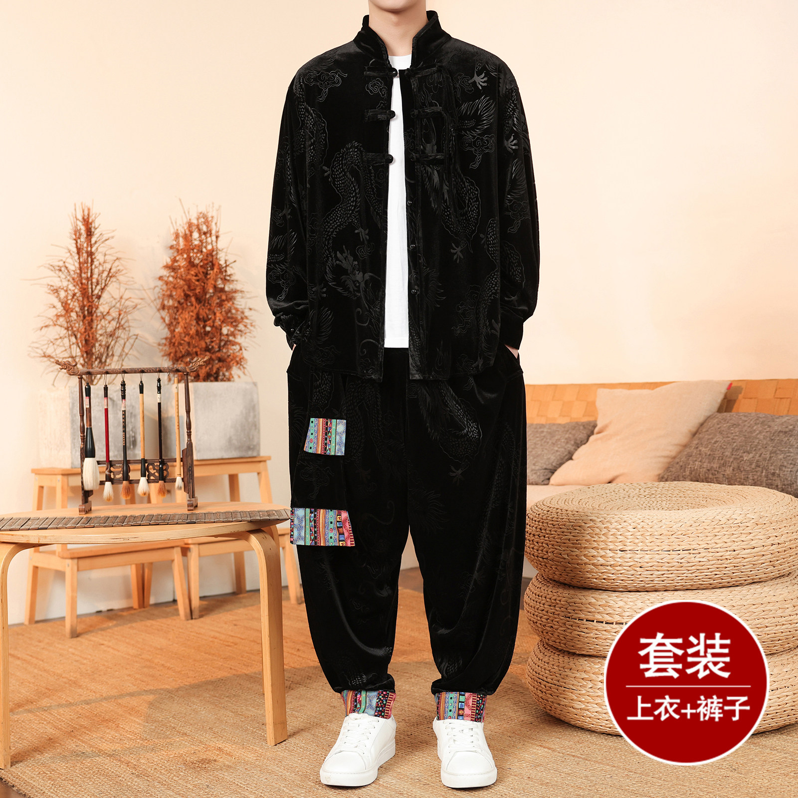 新中式K盘扣龙纹暗花金丝绒夹克舞蹈阔腿裤套装男TZ180-P136控158图片