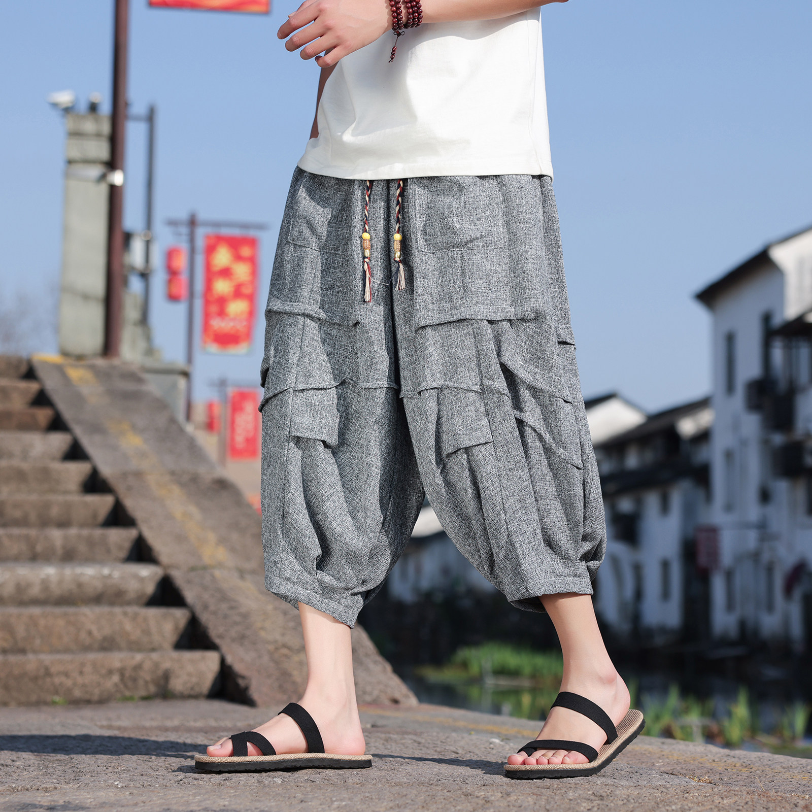 风G冰丝垂感折褶小众设计七分裤短裤阔腿裤男DK230-P60控88,男装牛仔裤,电商A005