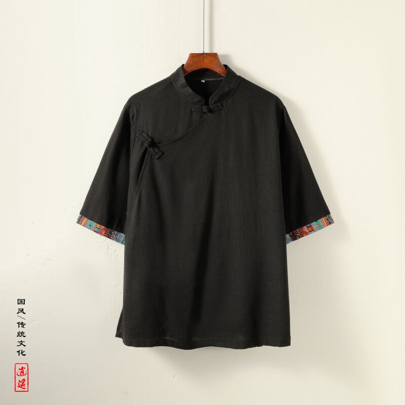 新中式H风斜襟盘扣亚麻拼色中山装中袖衬衫外套CS73-P68控88图片