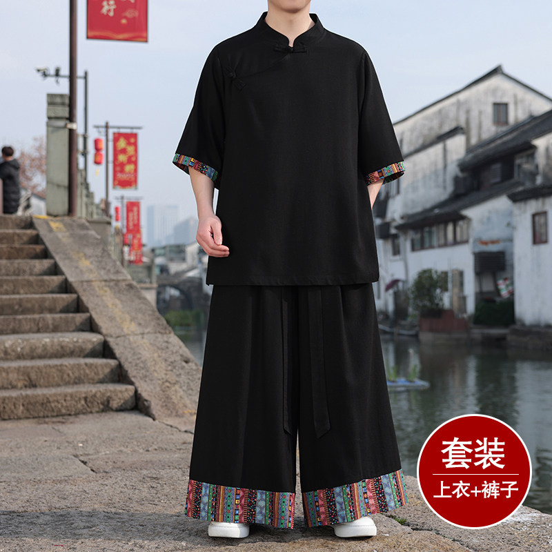 斜襟盘扣亚麻衬衫外套A民族风大桶裤套装男TZ158-P156控178图片