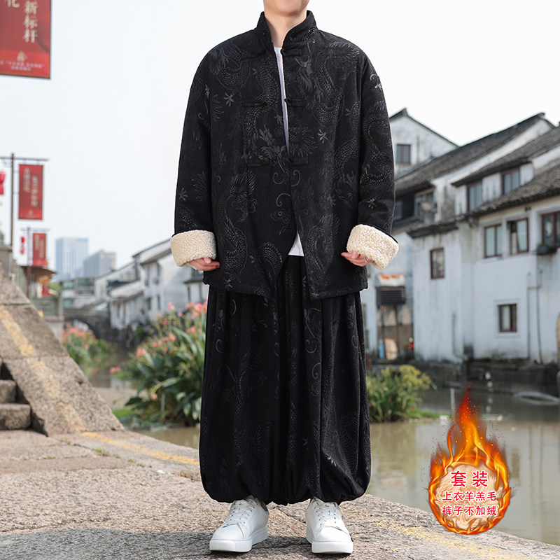新中式AS龙纹灯芯绒羊羔毛夹克棉衣服保暖套装男TZ131-P203控228,男装夹克,电商A005