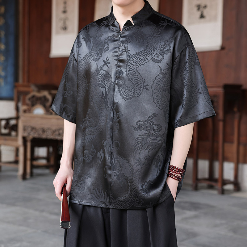 新中式E风小高领拉链领提花小众设计龙纹冰丝t恤T62-P70控98图片