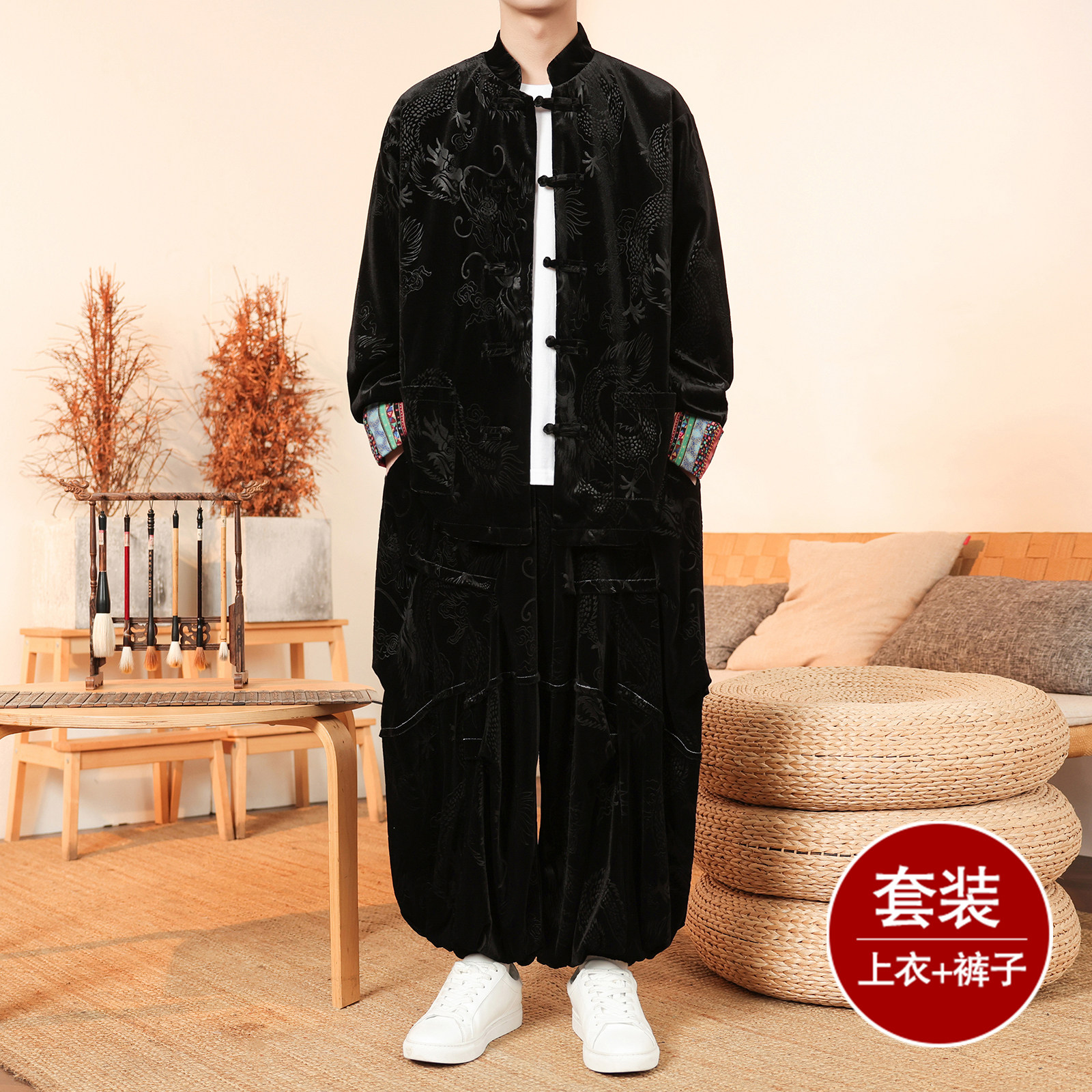 新中式H民族风金丝绒龙纹夹克折褶阔腿裤套装男TZ176-P153控178,男装休闲套装,电商A005