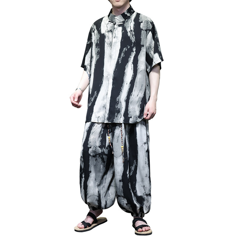 新中式F水墨扎染渐变条纹盘扣冰丝衬衫男小众长裤TZ99-P126控148,男装衬衫,电商A005