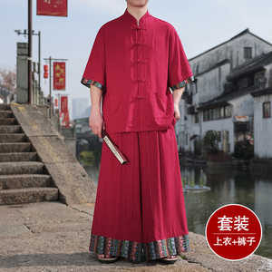 民族风C拼色盘扣亚麻衬衫民族风裙裤阔腿裤套装男TZ162-P163控188图片