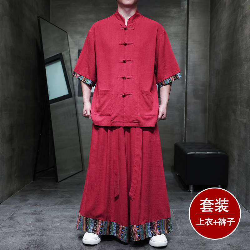民族风E拼色盘扣亚麻衬衫民族风裙裤阔腿裤套装男TZ162-P163控188,男装衬衫,电商A005