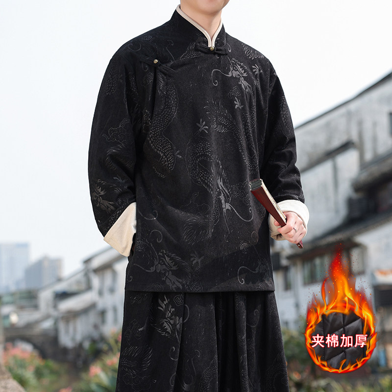 新中式R斜襟龙纹灯芯绒中山装夹棉加厚外套棉衣JK1020-P135控158,男装棉衣,电商A005