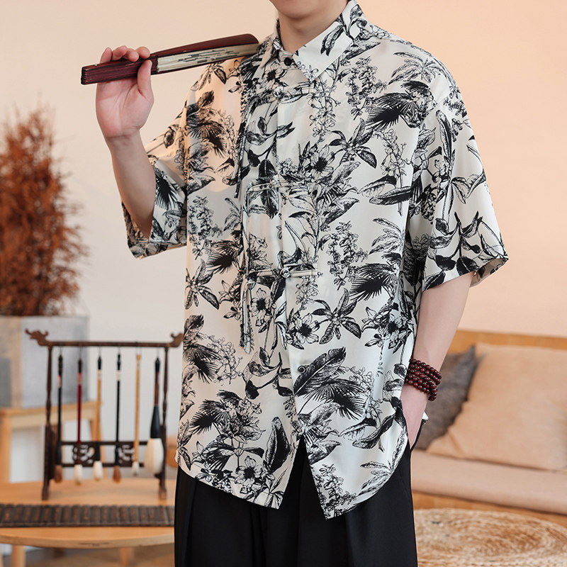 新中式D盘扣不规则设计树叶印花暗纹冰丝衬衫外套男CS69-P70控98图片