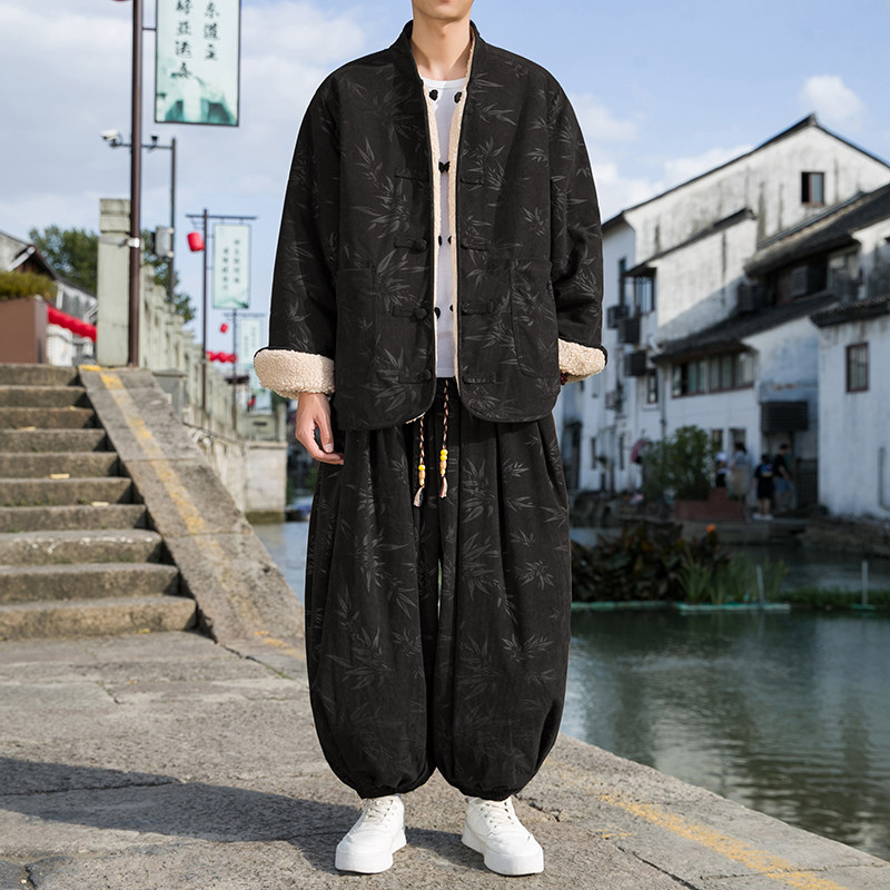 羊羔毛B加绒加厚双面保暖夹克树叶灯芯绒套装男TZ38-P203控238图片