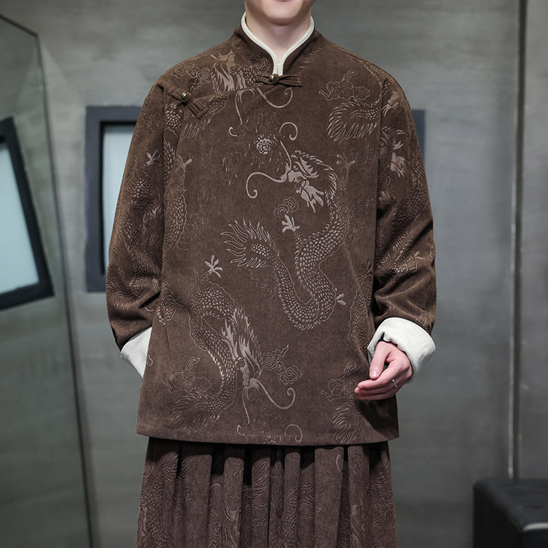 新中式H斜襟盘扣龙纹灯芯绒中山装立领夹克外套男JK20-P105控138图片