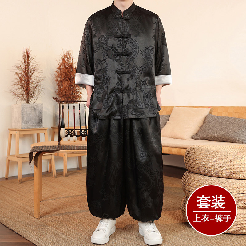 风G盘扣暗花龙纹冰丝衬衫萝卜裤套装男TZ159-P120控148,男装衬衫,电商A005