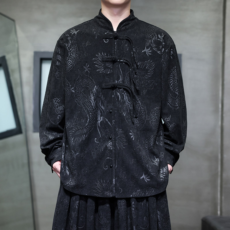 风新中式D盘扣龙纹暗花灯芯绒衬衫夹克外套男CS66-P68控88，男装夹克，电商A005