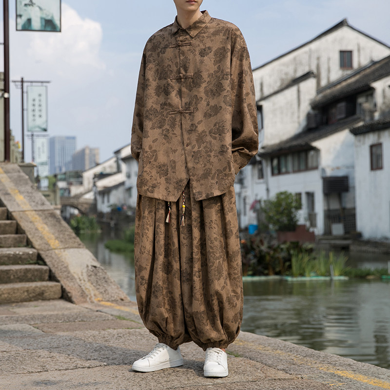 新中式K暗花灯芯绒盘扣小众衬衫束脚阔腿裤套装男TZ27-P136控158，男装T恤，电商A005