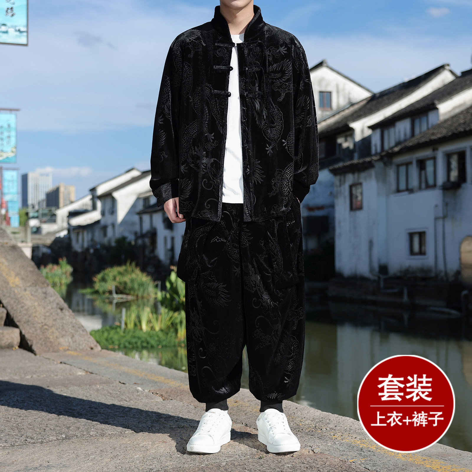 新中式F盘扣龙纹金丝绒外套男哈伦裤飞鼠裤套装男TZ182-P136控158,男装休闲套装,电商A005