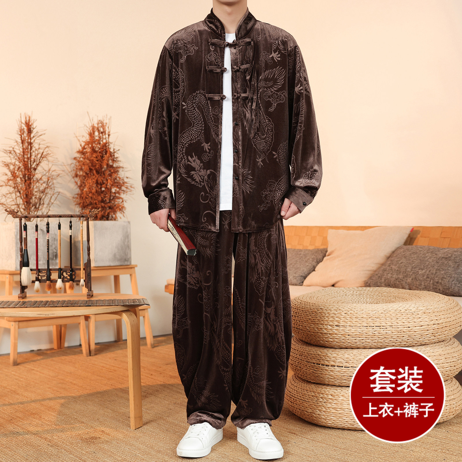 盘扣小众设计J龙纹金丝绒夹克阔腿裤风套装男TZ179-P136控158,男装休闲套装,电商A005