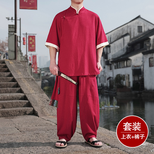 斜襟盘扣D亚麻中袖衬衫民族风演出阔腿裤套装男TZ166-P176控198图片